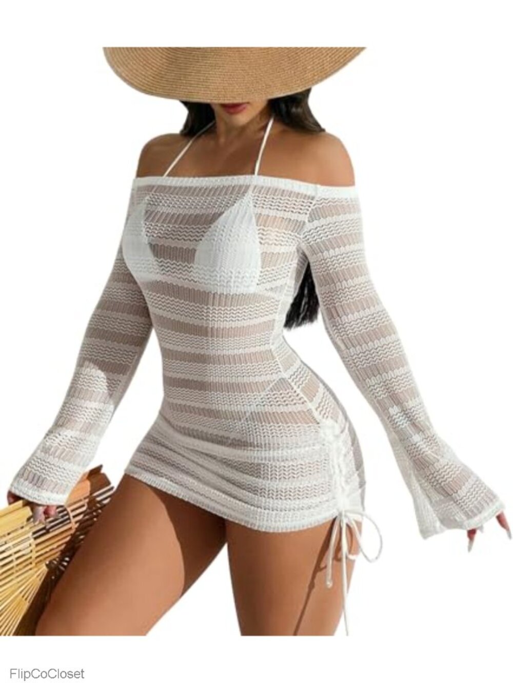 Women's Off Shoulder Hollow Out Long Bell Sleeve Swimsuit Coverup Boho Beach
